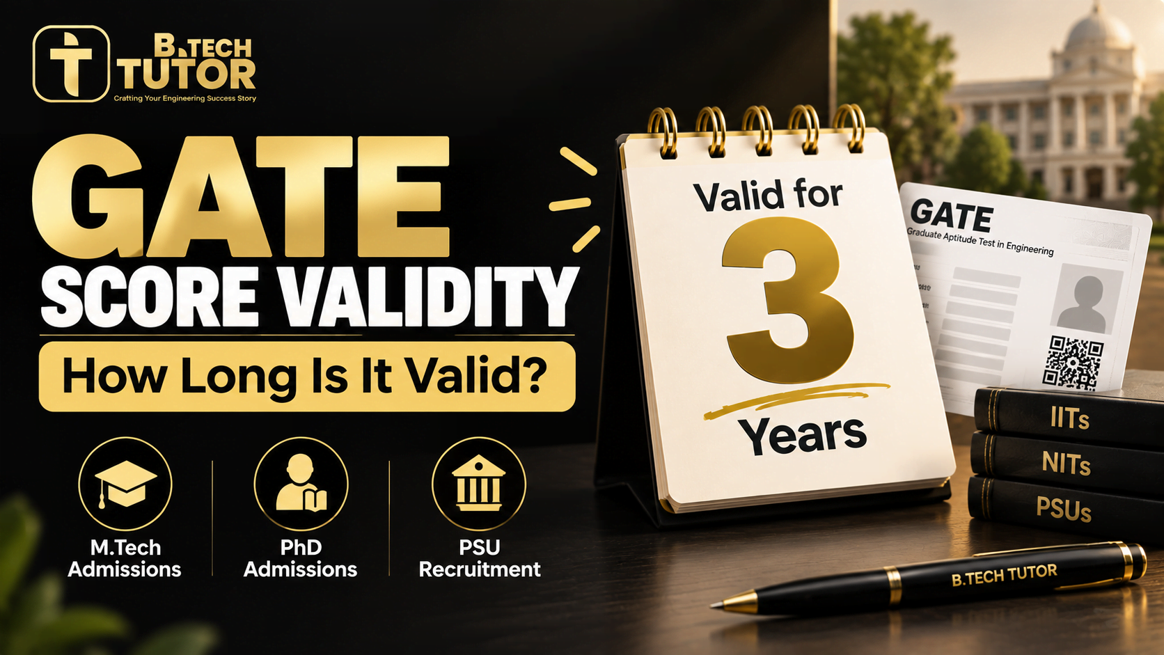 GATE score validity infographic showing a scorecard and calendar marked valid for 3 years, with M.Tech, PhD and PSU recruitment options.